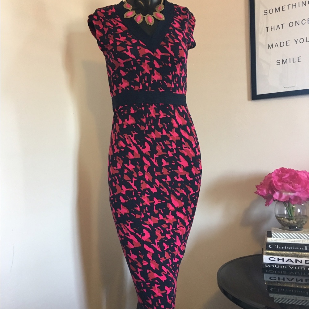 H&M Black and Hot Pink Printed Midi Dress